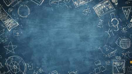 A textured chalkboard background adorned with hand-drawn illustrations of scientific and mathematical concepts. Ideal for educational materials.の素材