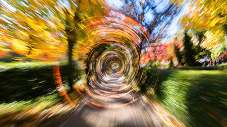 Enveloped in vibrant colors of autumn, this artistic image features a winding pathway bordered by trees. The motion blur effect creates a sense of depth and movement, inviting viewers into this tranquil scene of nature's beauty. Perfect for showcasing seasonal change, relaxation, and outdoor exploration.の素材