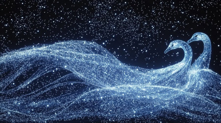 This mesmerizing image features ethereal swans gliding through a celestial landscape filled with stars and enchanting light trails.の素材