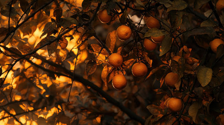 This stunning image captures ripe oranges hanging on branches surrounded by vivid leaves, illuminated by a warm and glowing sunset. Ideal for nature themes.の素材