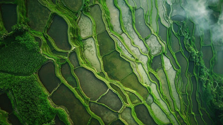 This aerial view captures the breathtaking beauty of terraced rice fields in rich green hues. The intricate patterns showcase sustainable farming methods and vibrant ecosystems, reflecting the sky and creating a serene atmosphere. Perfect for showcasing agricultural landscapes.の素材