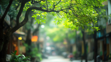 A serene urban street scene featuring a lush green tree arching over the pathway, softened by fog that creates an ethereal atmosphere.の素材