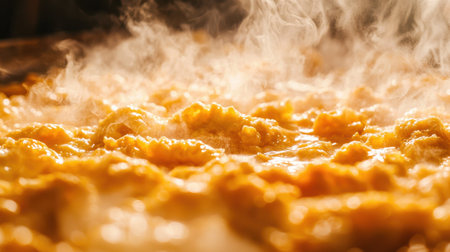 A close-up view of a delicious baked dish, with steam rising and a golden texture. Perfect for showcasing warmth, comfort, and culinary delight.の素材