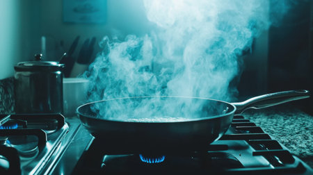 A steaming pan sits atop a gas stove, emitting vapor in a softly lit kitchen setting, creating a warm atmosphere perfect for culinary creativity.の素材