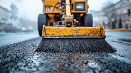 A close-up view of a street sweeping machine as it meticulously cleans a wet asphalt road. The image captures the intricate details of the brush in action.の素材