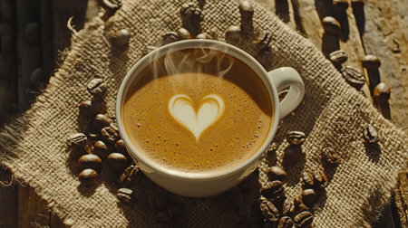 A beautifully crafted cup of coffee displays a heart-shaped foam art, surrounded by coffee beans on a rustic background, evoking warmth and comfort.の素材