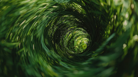 A captivating view of green leaves spiraling inward, showcasing nature's dynamic beauty and vibrant hues while creating a sense of motion.の素材