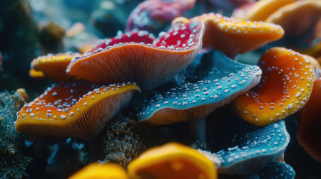 Explore the mesmerizing beauty of colorful marine mushrooms illuminated by soft light, adorned with glimmering droplets. Perfect for nature enthusiasts.の素材