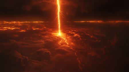 A powerful lightning bolt pierces through dark, swirling clouds, creating a fiery atmosphere that captivates with its intense colors and dramatic energy.の素材
