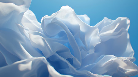Capture the essence of elegance with this stunning white fabric texture, featuring soft creases and delicate folds against a serene blue background.の素材
