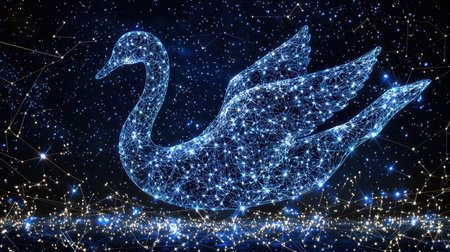 Ethereal glowing swan shape floats amidst a twinkling starry sky, surrounded by luminous constellations, invoking a sense of wonder and serenity.の素材