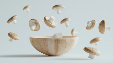A captivating image featuring a wooden bowl with mushrooms seemingly floating around it, creating a whimsical kitchen atmosphere. The light backdrop enhances the natural textures and shapes, making this perfect for culinary and decor uses.の素材