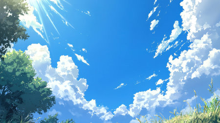 A breathtaking view of a vibrant blue sky filled with fluffy white clouds, illuminating a lush green landscape under radiant sunlight.の素材