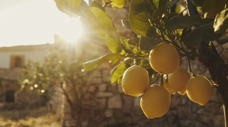 A serene scene showcasing ripe lemons hanging from lush green branches in a sunlit orchard. The warm sunset creates a tranquil atmosphere, illuminating the vibrant fruits nestled in nature.の素材