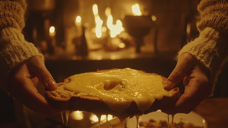 A captivating scene featuring warm toast topped with gooey melted cheese, held by hands in front of a cozy fireplace, perfect for evoking comfort and warmth.の素材