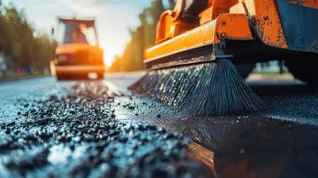 A construction scene showcasing machinery conducting road maintenance with sweeping equipment on a wet asphalt surface illuminated by sunlight.の素材