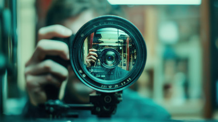 A captivating close-up of a person holding a camera lens, showcasing the reflection of the photographer. This image highlights the intricate details of photography gear and the creative process. Perfect for showcasing art and technology in photography.の素材
