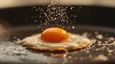 This captivating image showcases a freshly cracked egg frying in a hot pan, with a bright yellow yolk and oil splashes creating a dynamic visual effect.の素材