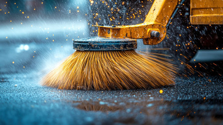 A close-up view of a street sweeper brush in action, effectively cleaning wet pavement while creating water splashes and dust particles.の素材