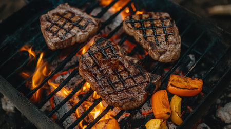 Succulent grilled steak sits over glowing charcoal flames, accompanied by colorful vegetables. Perfect for summer barbecues and outdoor dining.の素材