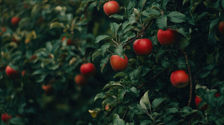 A close-up view of red apples hanging from a thriving green tree, showcasing a lush orchard environment perfect for harvest time.の素材