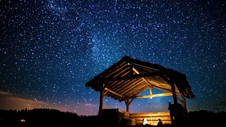 A serene night scene showcasing a star-filled sky above a rustic hut silhouette with small figures, evoking feelings of wonder and tranquility.の素材