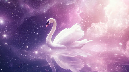 A graceful swan elegantly glides across a reflective water surface beneath a breathtaking galaxy full of vibrant colors and cosmic beauty, evoking a sense of peace and wonder.の素材