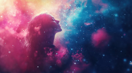 This stunning image features a silhouette of a woman immersed in a colorful cosmic space, surrounded by stars and dust, creating a dreamy atmosphere that evokes a sense of peace and inspiration.の素材