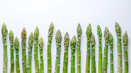 A beautiful arrangement of fresh green asparagus stalks showcases their vibrant color and unique textures against a stark white background. Perfect for health and culinary themes.の素材