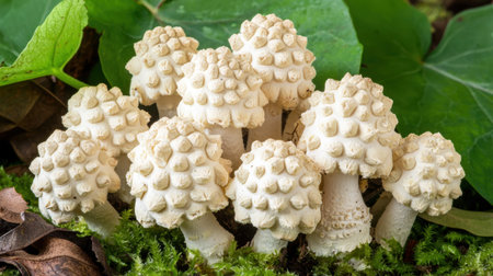 A stunning close-up of delicate white mushrooms nestled among lush greenery, showcasing intricate textures and natural beauty in a serene forest environment.の素材
