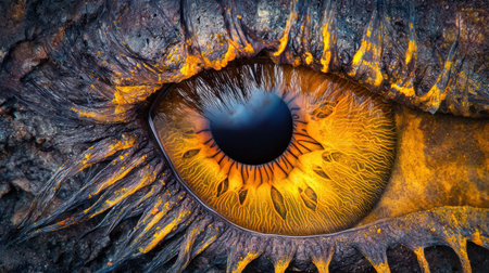 This captivating close-up image showcases a vibrant orange iris surrounded by intricate textures, set against dramatic lighting, evoking curiosity and wonder.の素材