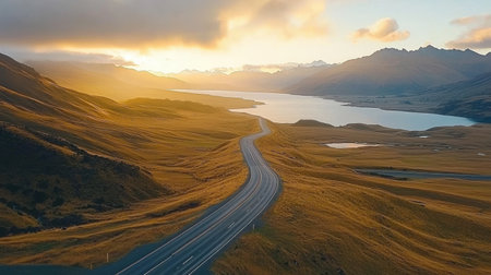 Discover a breathtaking view of a winding road that embraces the serene landscape, surrounded by mountains and a tranquil lake at sunset.の素材