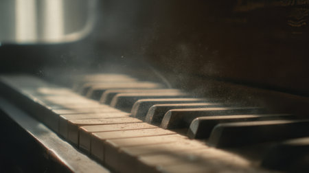 A close-up view of vintage piano keys illuminated by soft sunlight, highlighting dust and texture that evoke musical nostalgia and tranquility.の素材