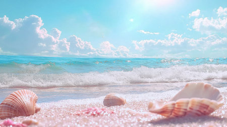 Experience a tranquil beach scene featuring soft waves lapping at the shore, colorful shells scattered on sparkling sand, and a bright, fluffy cloud-filled sky.の素材