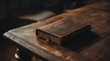An antique leather-bound book rests on a rustic wooden table, bathed in warm ambient light, creating a cozy and inviting atmosphere perfect for reading and reflection.の素材