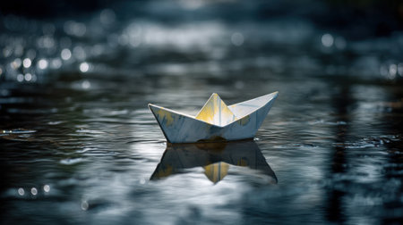 A delicate paper boat gently floats on a calm water surface, surrounded by soft reflections and a dreamy bokeh effect, evoking tranquility.の素材