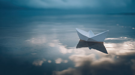 A solitary paper boat gently floats on calm water, reflecting the soft hues of the cloudy sky at dusk, creating a serene and tranquil scene.の素材