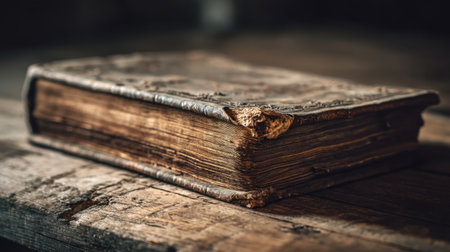 A beautifully aged leather-bound book sits on a rustic wooden table, illuminated by soft warm light, evoking a sense of literary history and nostalgia.の素材