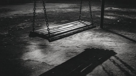 A solitary swing hangs motionless in a quiet playground, casting prominent shadows under twilight fading light. An exploration of solitude and calm.の素材