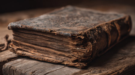 This image captures an antique leather-bound book with worn pages, showcasing its rich texture and historic charm against a rustic wooden background.の素材