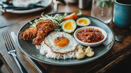 A vibrant plate featuring crispy chicken, a sunny-side-up egg, basmati rice, fresh vegetables, and spicy sauce. Perfect for food lovers!の素材