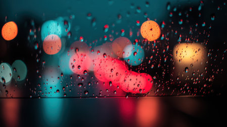 Captivating view featuring rain drops on a window, infused with colorful bokeh lights. The moody urban atmosphere evokes serenity and reflection.の素材