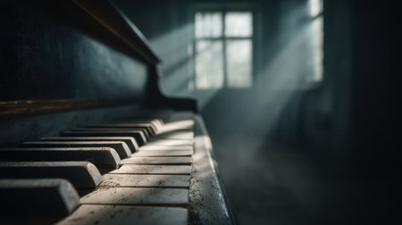 An atmospheric scene featuring an old piano with dusty keys illuminated by soft light streaming through a window, evoking nostalgia and mystery.の素材