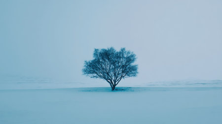 A tranquil winter scene featuring a solitary tree surrounded by untouched snow, under a soft blue sky, evoking feelings of peace and isolation.の素材