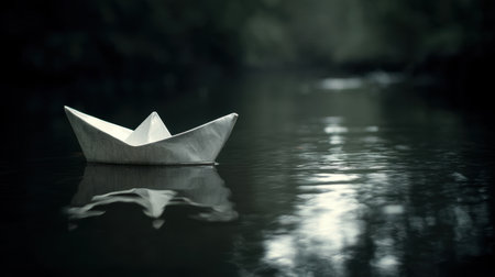 A delicate paper boat floats on a still body of water, capturing a moment of tranquility and reflection in a serene natural environment.の素材
