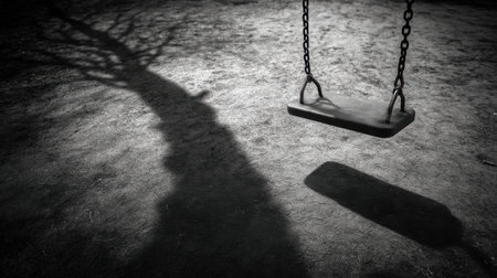 A solitary swing hangs quietly in a playground, casting captivating shadows on the ground. This black-and-white image evokes feelings of nostalgia, solitude, and the simplicity of childhood memories in a peaceful outdoor setting.の素材