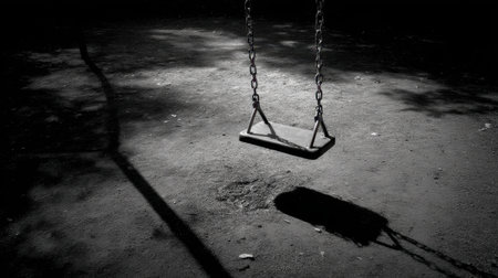 This black and white photograph features a solitary swing in a dimly lit park, casting its shadow on the ground, evoking feelings of nostalgia and solitude.の素材