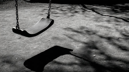 This black and white photo captures an empty swing on a playground, beautifully framed by soft shadows, evoking feelings of nostalgia and tranquility.の素材