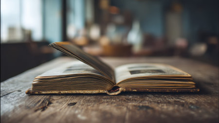An open antique book rests on a rustic wooden table in a cozy cafe, bathed in soft natural light, offering a warm and inviting atmosphere for readers.の素材