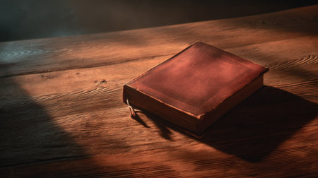 A vintage leather bound book sits on a rustic wooden surface, softly illuminated by sunlight, creating a warm and inviting atmosphere perfect for reading or relaxation.の素材